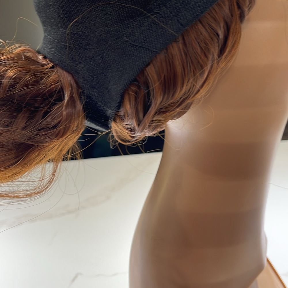 HAT HAIR, 10” Attached to Black Baseball cap, Wavy Brown/Auburn hair - Picture 8 of 10
